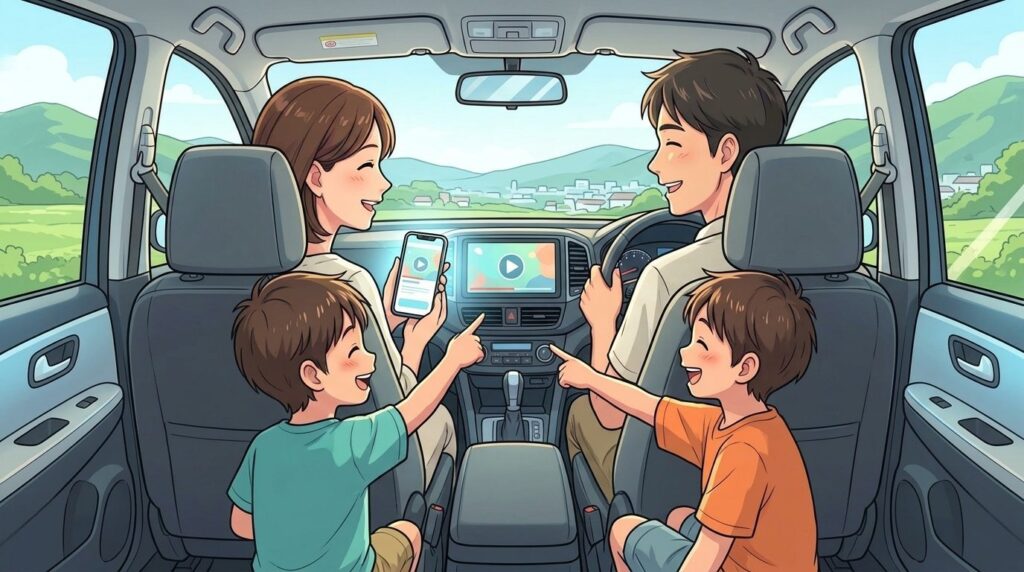 スマホ画面を車載モニターにミラーリングした様子