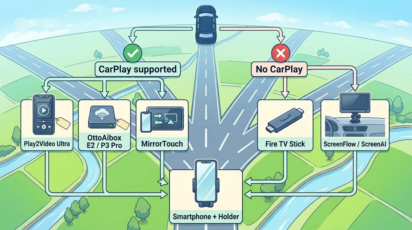 車でディズニープラスを見る方法をCarPlay対応有無と重視ポイントで選ぶ分岐フロー図