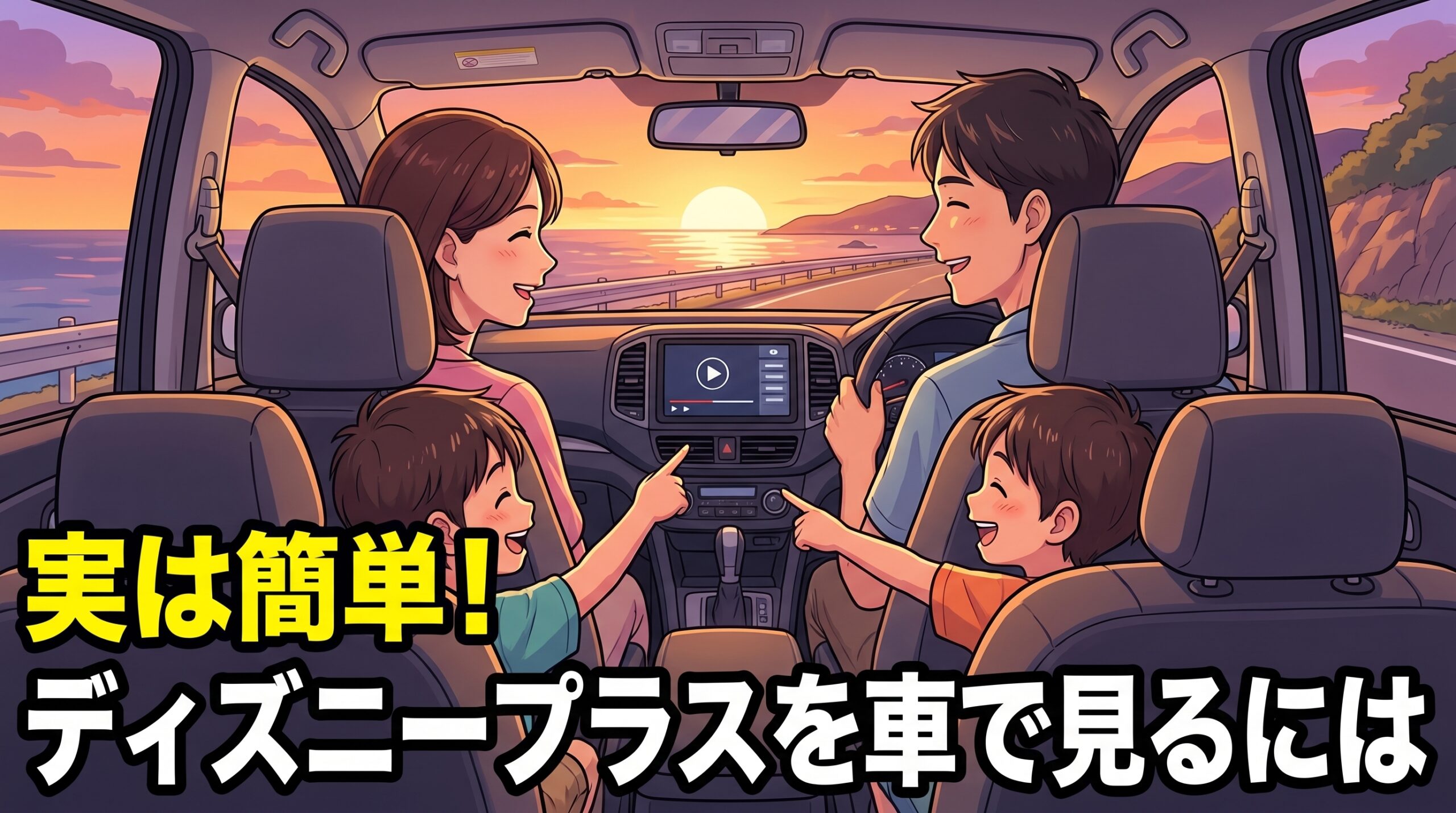 実は簡単！ディズニープラスを車で見るには（家族の車内視聴アイキャッチ）