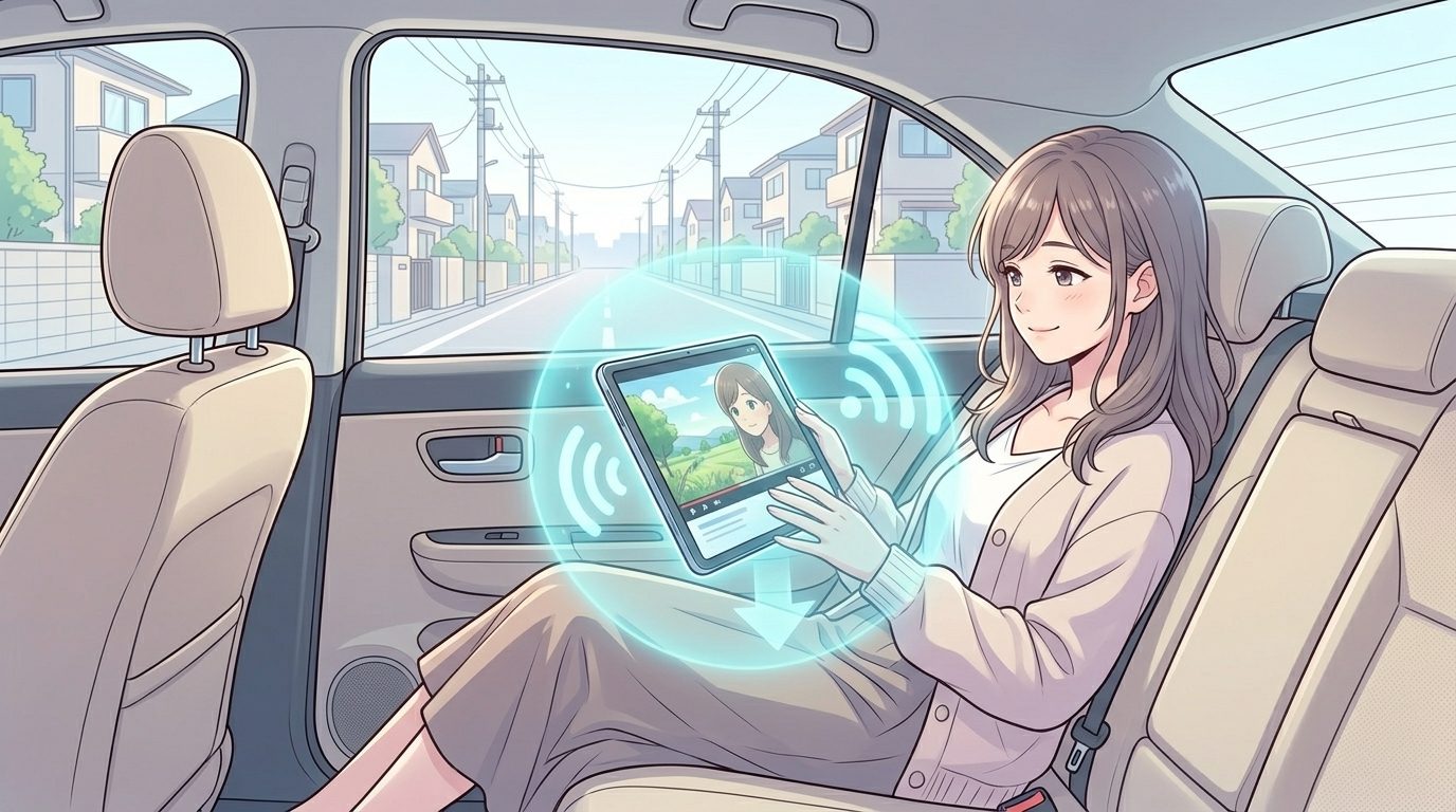 車内で動画を見ながら通信量を気にする家族のイメージ