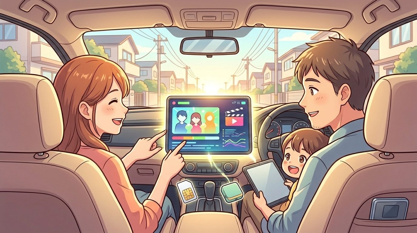 家族で車内のディスプレイでNetflixを楽しむイメージ