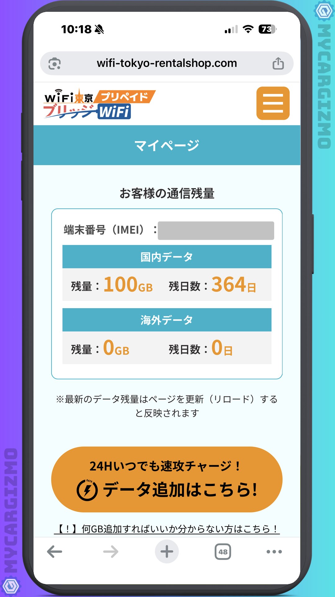 マイページの残量画面 100GB