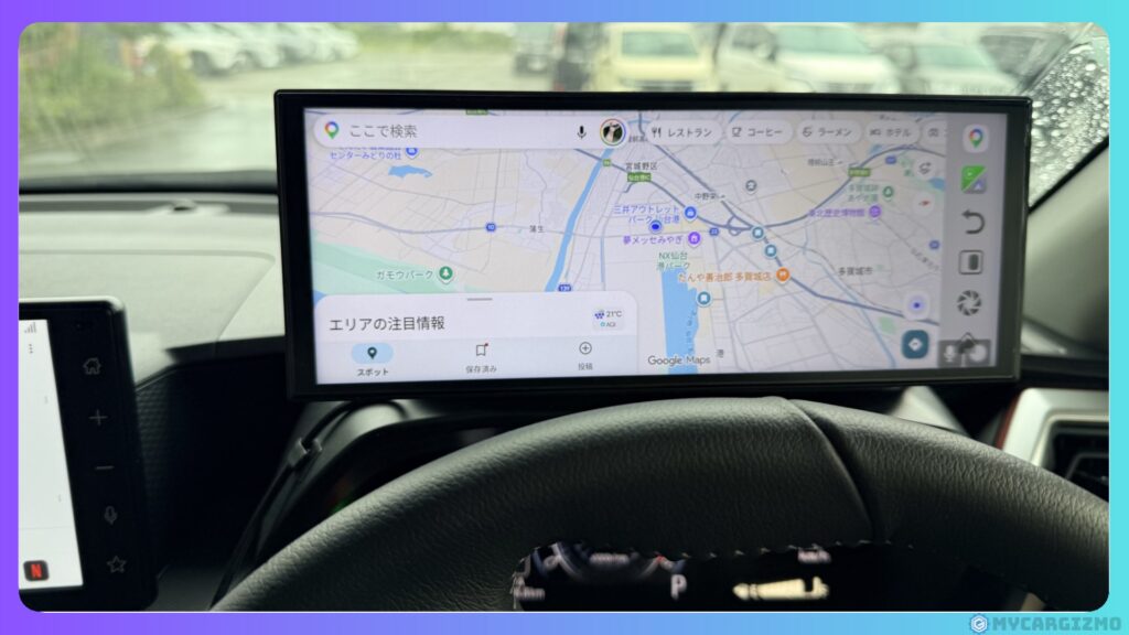 宮城の駐車場でScreen AIにAndroid版Googleマップを表示している車内